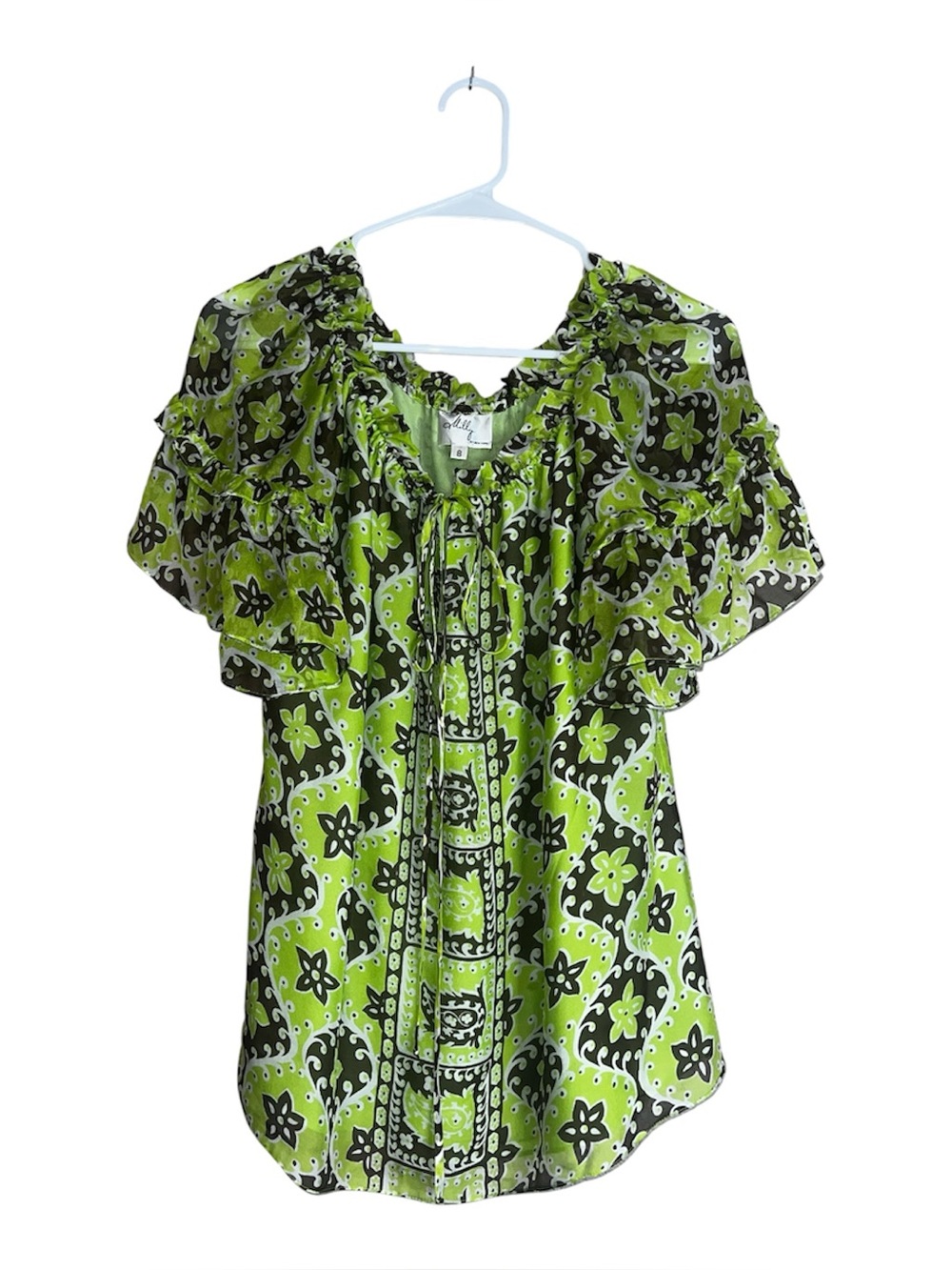 Milly Lime Green Silk Geometric Print Ruffle Neck Tie-Front Blouse Sz 8